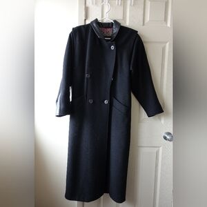 London Fog Leather Wool Black Double-Breasted Long Trench Coat